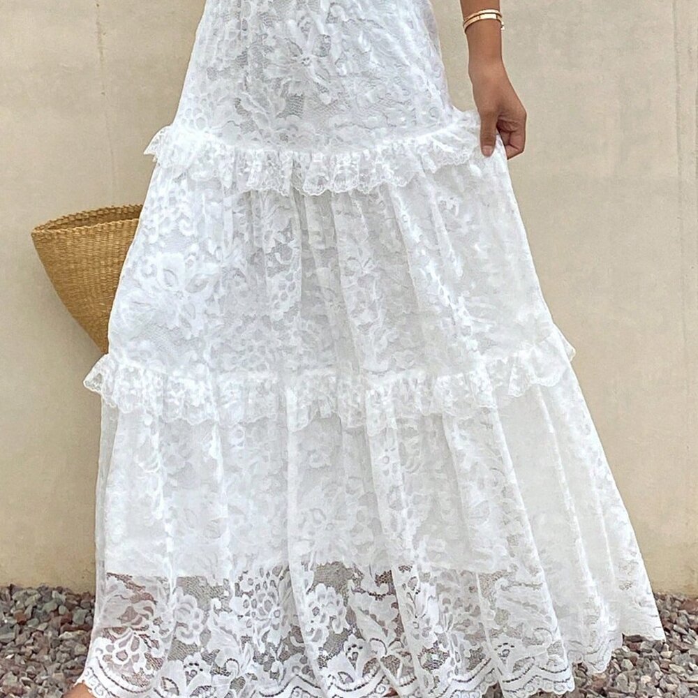 White Elegant Women's Lace Ruffle Hem Casual Flared Skirt Vacation - Picture 3 of 6